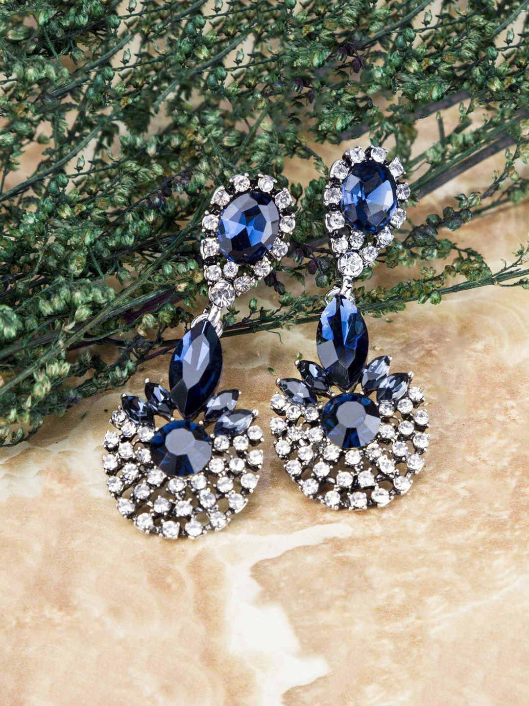 Yellow Chimes Blue & White Silver-Plated Contemporary Crystal Drop Earrings