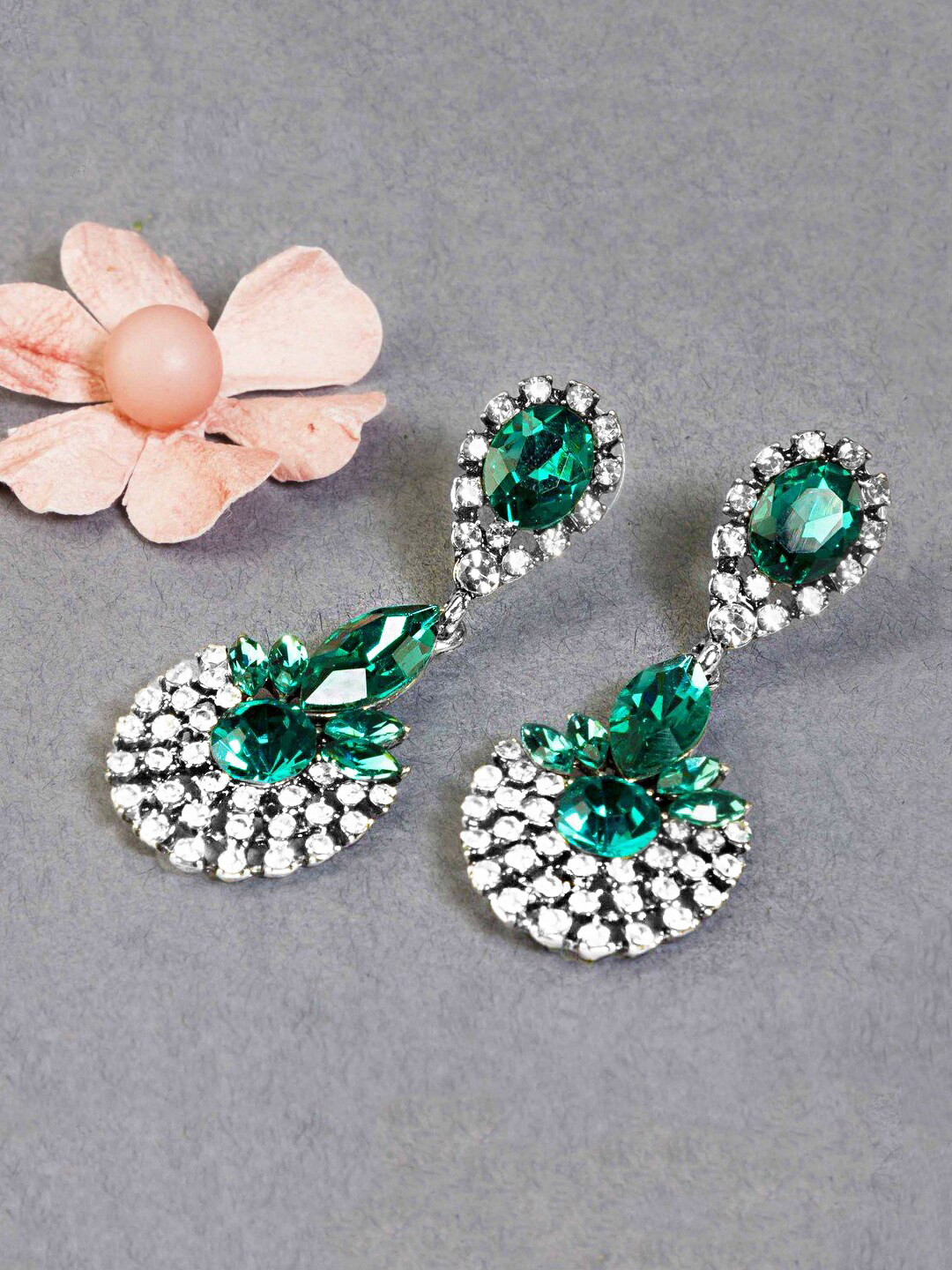 Yellow Chimes Green & White Teardrop Shaped Crystal Silver-Plated Drop Earrings