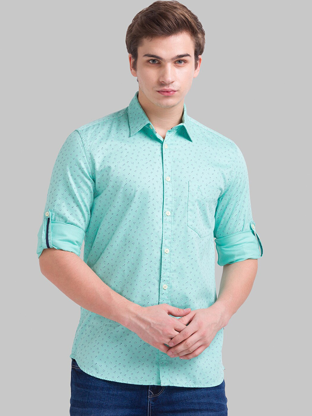 Parx Men Sea Green Slim Fit Micro Ditsy Printed Cotton Casual Shirt