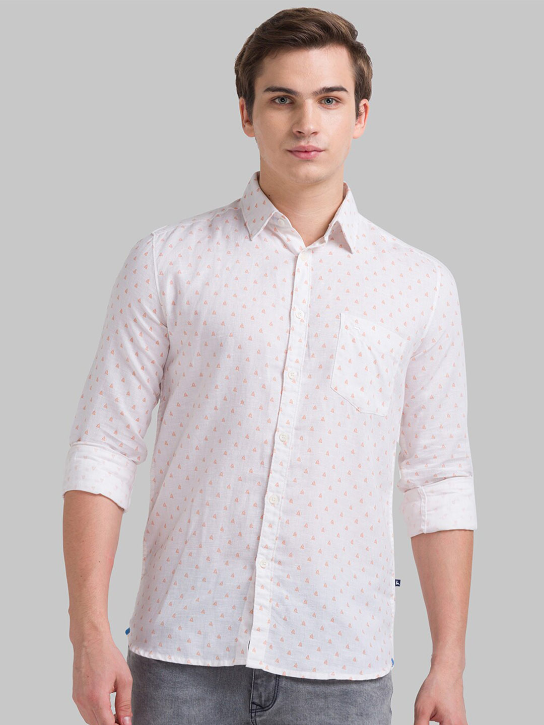 Parx Men White & Orange Slim Fit Floral Printed Cotton Casual Shirt