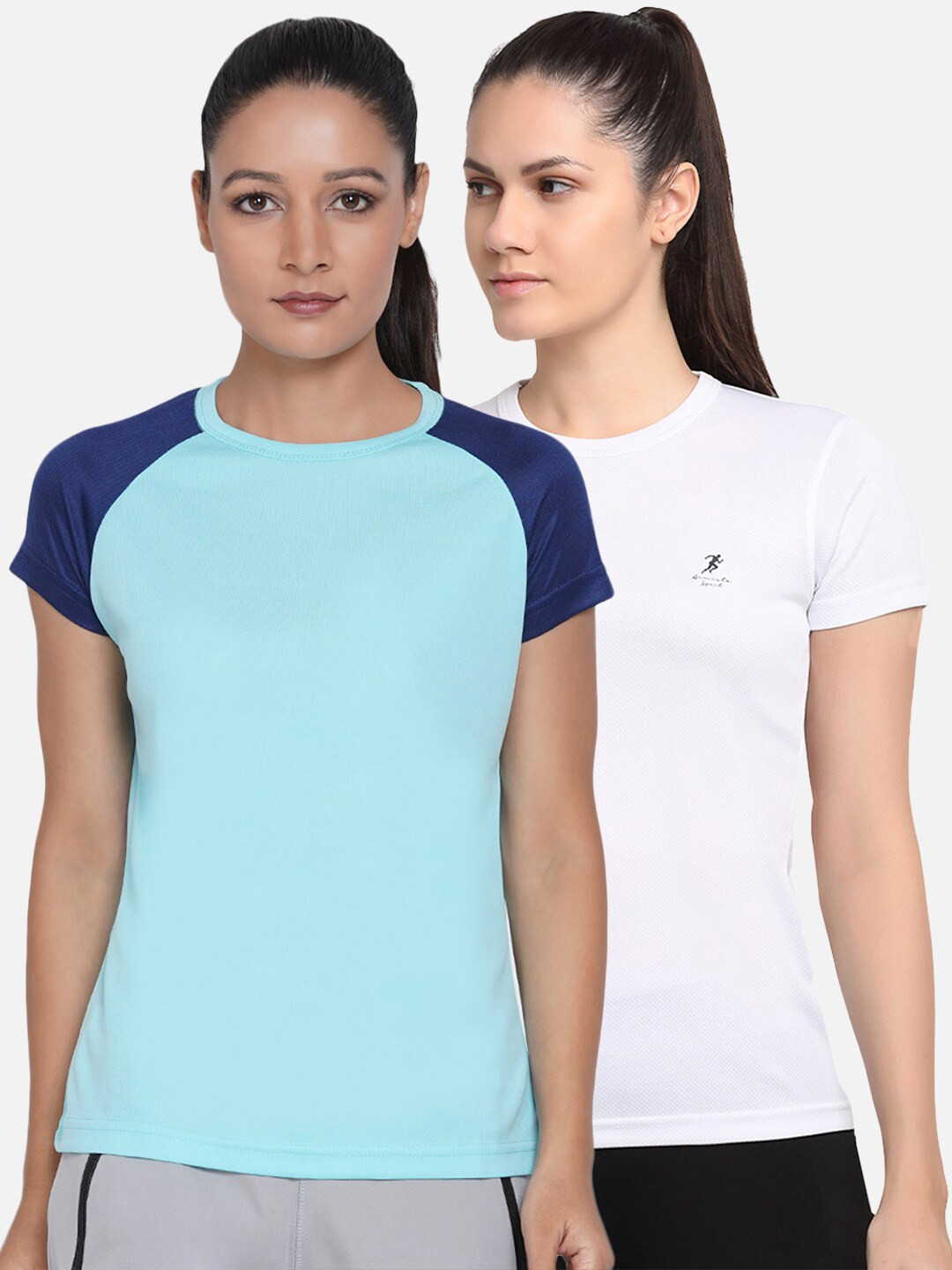 ARMISTO Women Blue & White Slim Fit Sports T-shirt Set Of 2 With Dri-FIT Technology