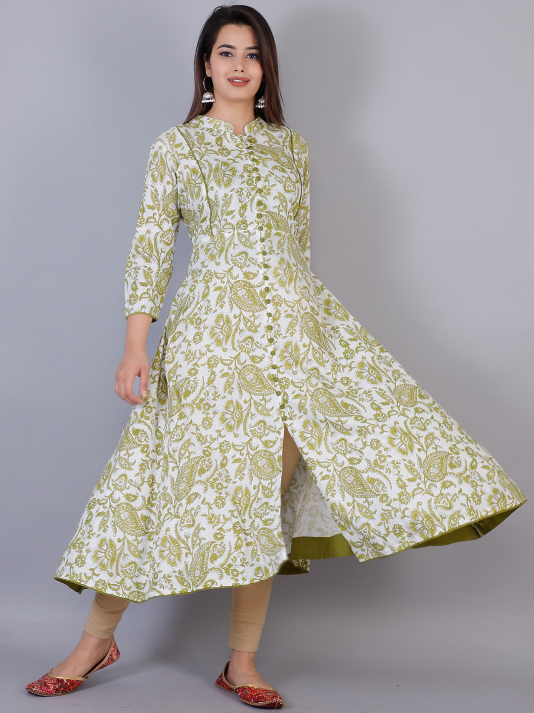 KALINI Women Olive Green & White Floral Printed Floral Anarkali Kurta