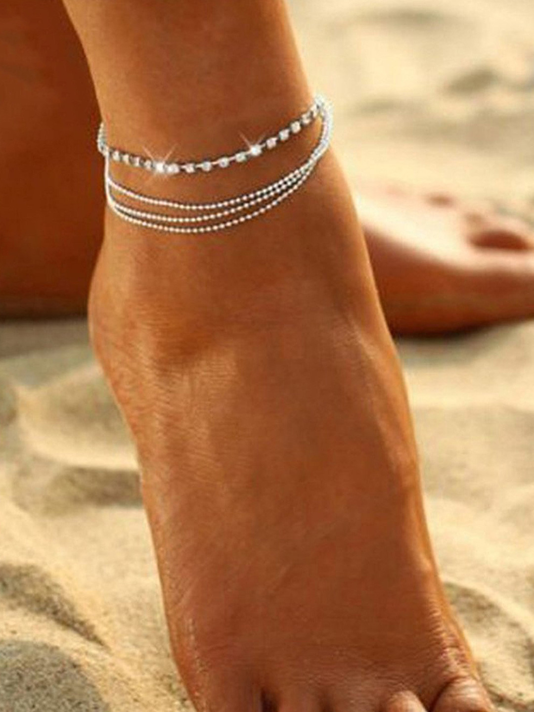 Yellow Chimes Silver-Plated White Crystal-Studded Anklets