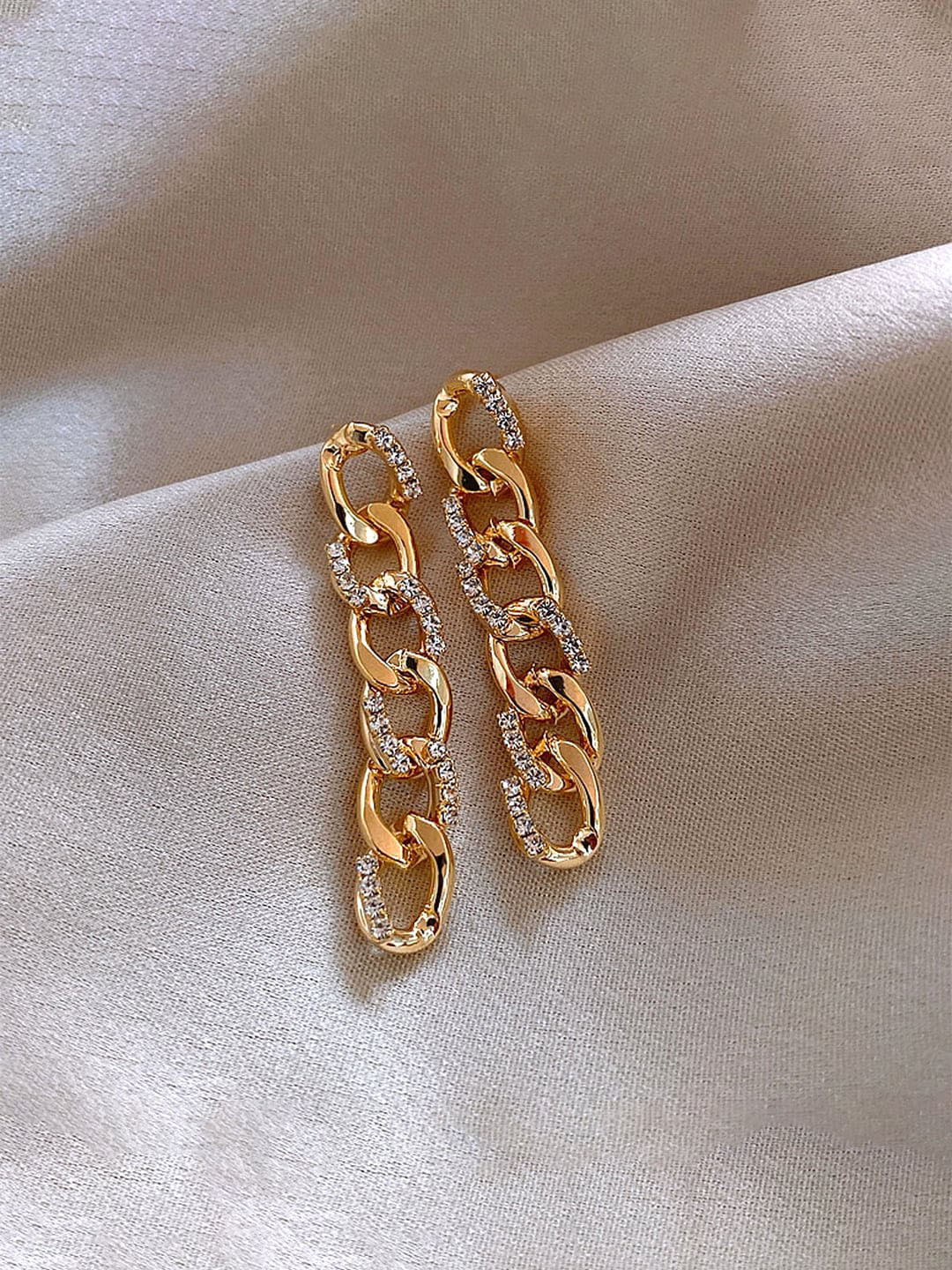 Yellow Chimes Gold-Plated Chain Design Drop Earrings