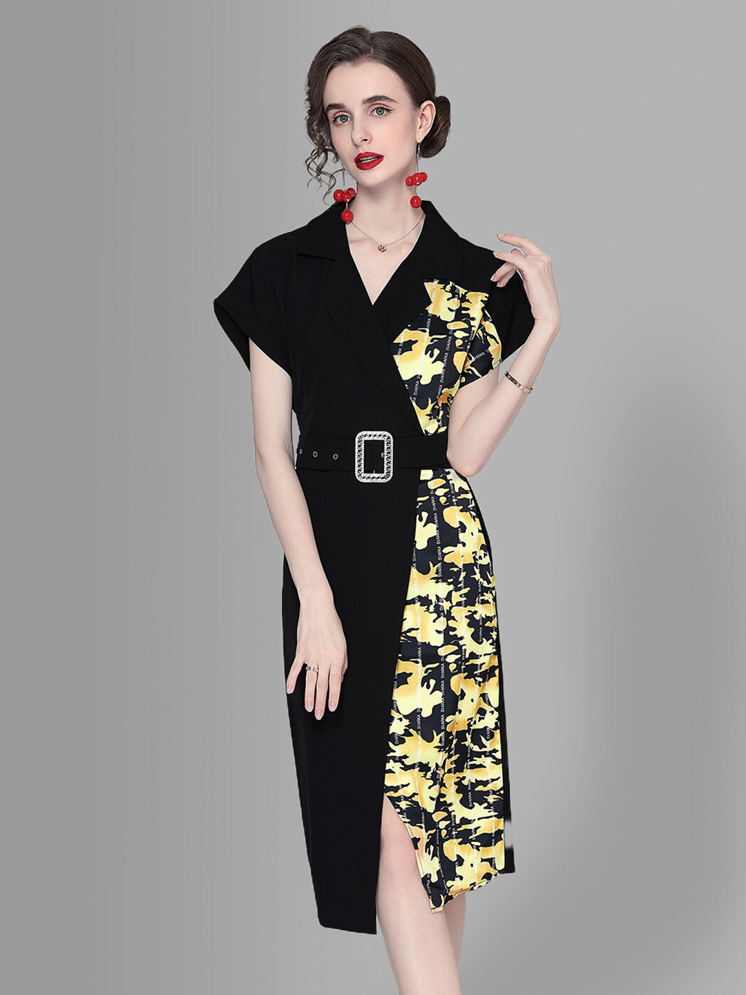 JC Collection Black & Yellow Printed Dress