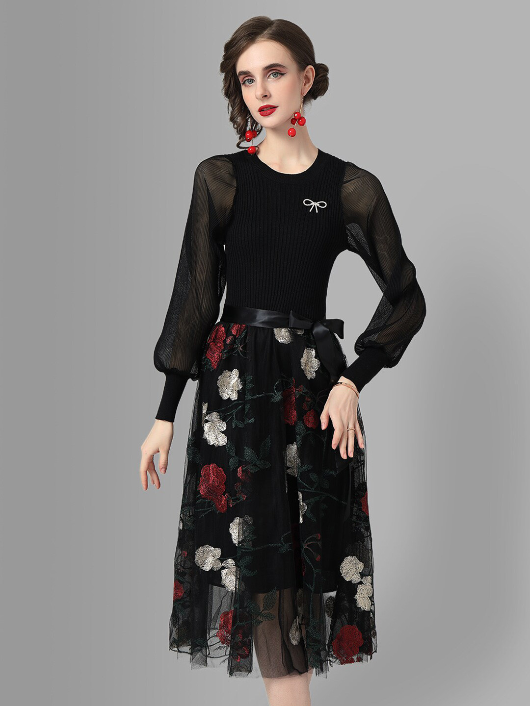 JC Collection Black & White Floral Embroidered Dress