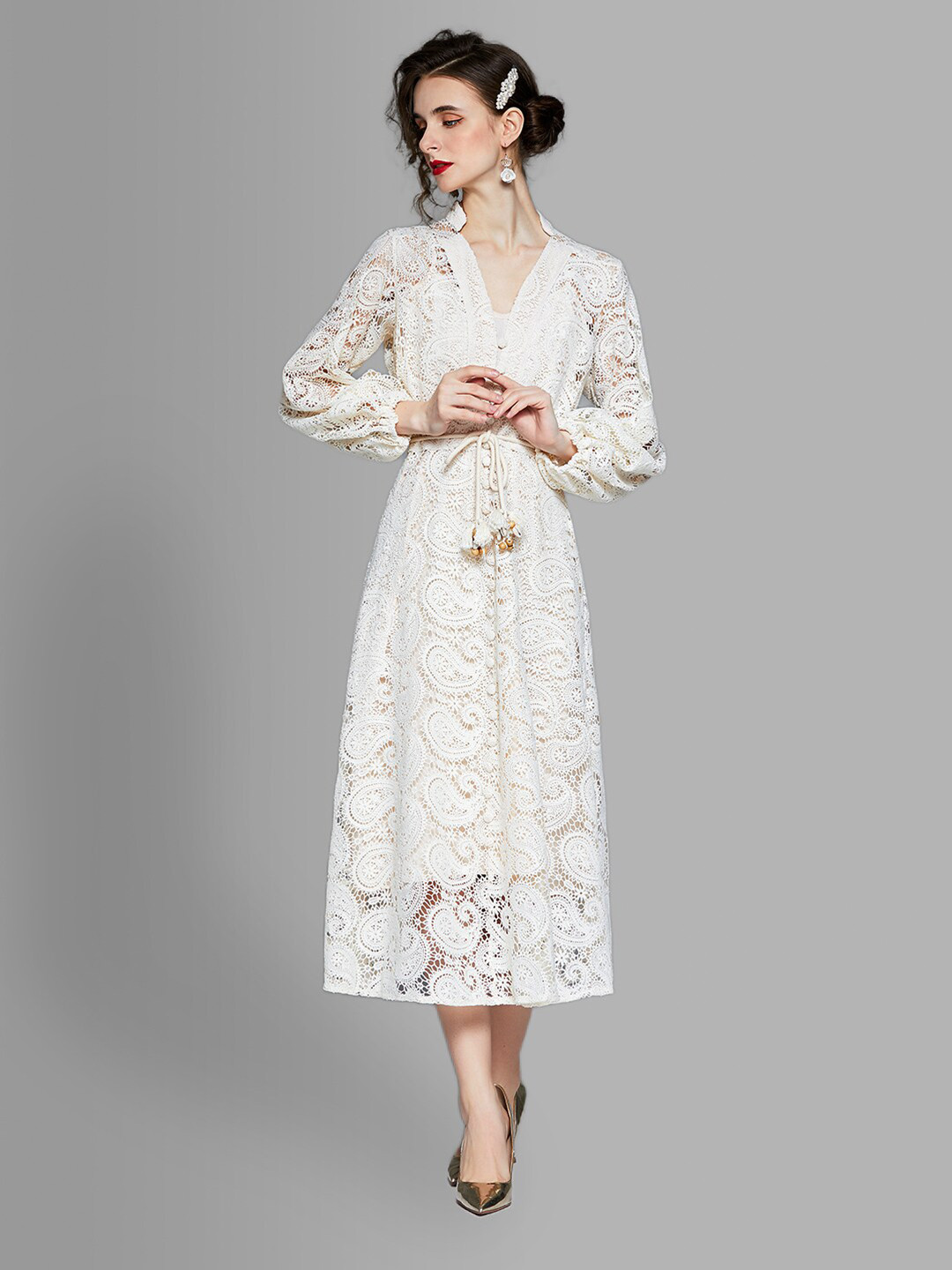 JC Collection Off White Puff Sleeves Ethnic Lace A-Line Midi Dress