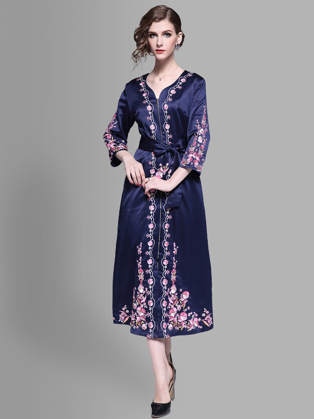JC Collection Navy Blue Ethnic Motifs Ethnic A-Line Midi Dress