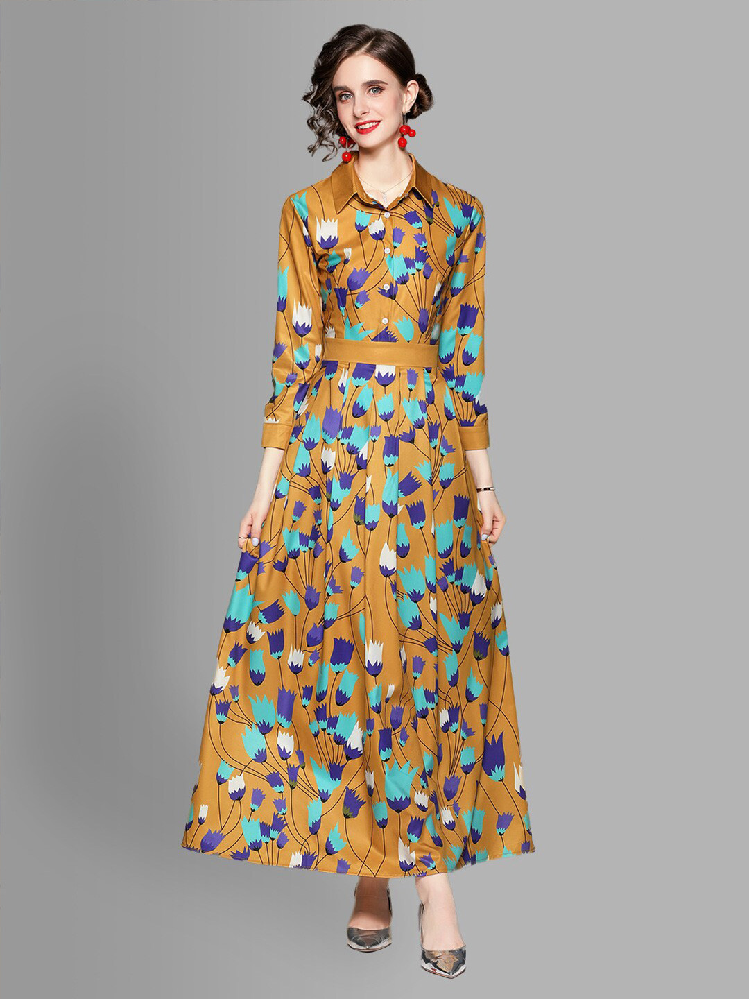 JC Collection Olive Green & Blue Floral Maxi Dress With Belt