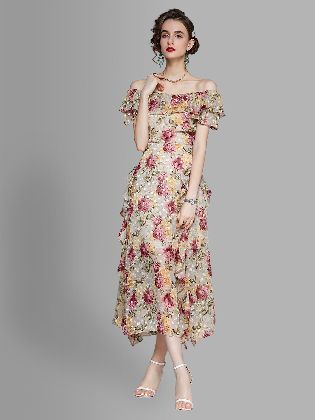 JC Collection Beige & Pink Floral Off-Shoulder Midi Dress