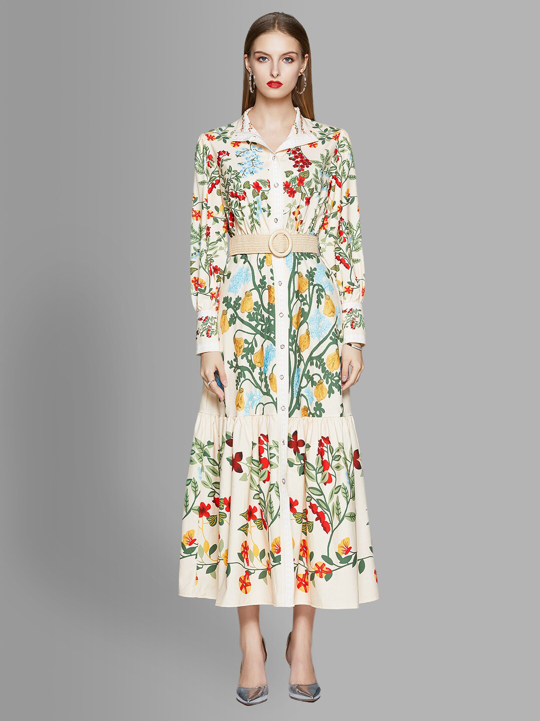 JC Collection Off White & Green Floral Maxi Dress