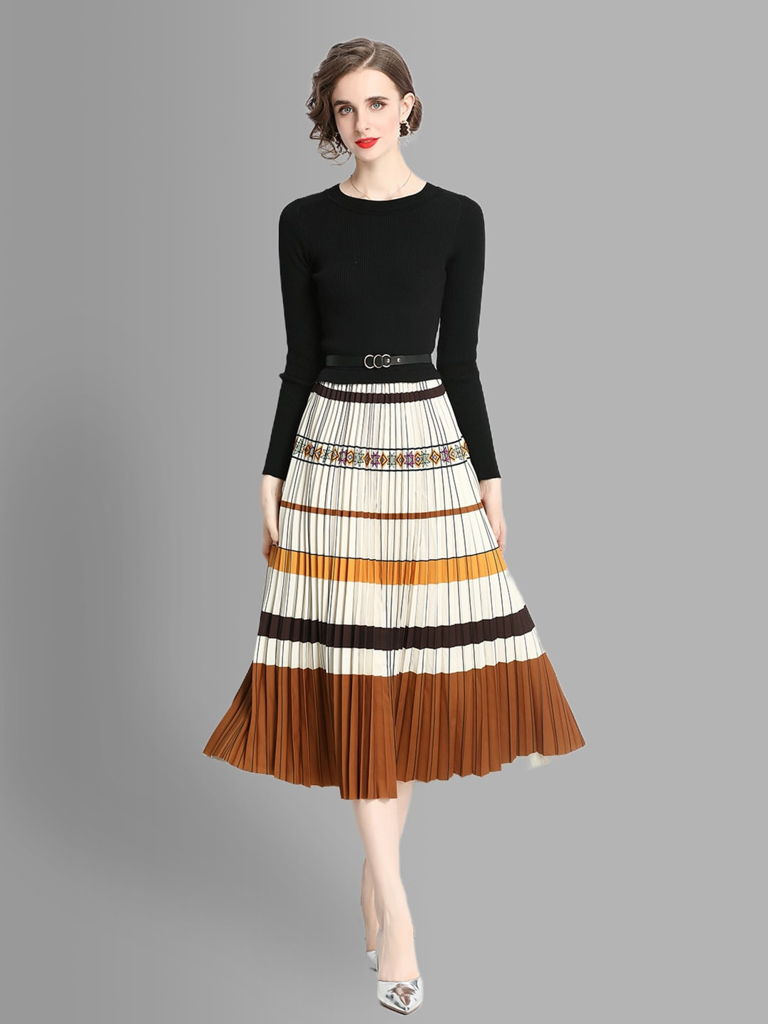 JC Collection Black & White Striped Accordion Pleats Midi Dress