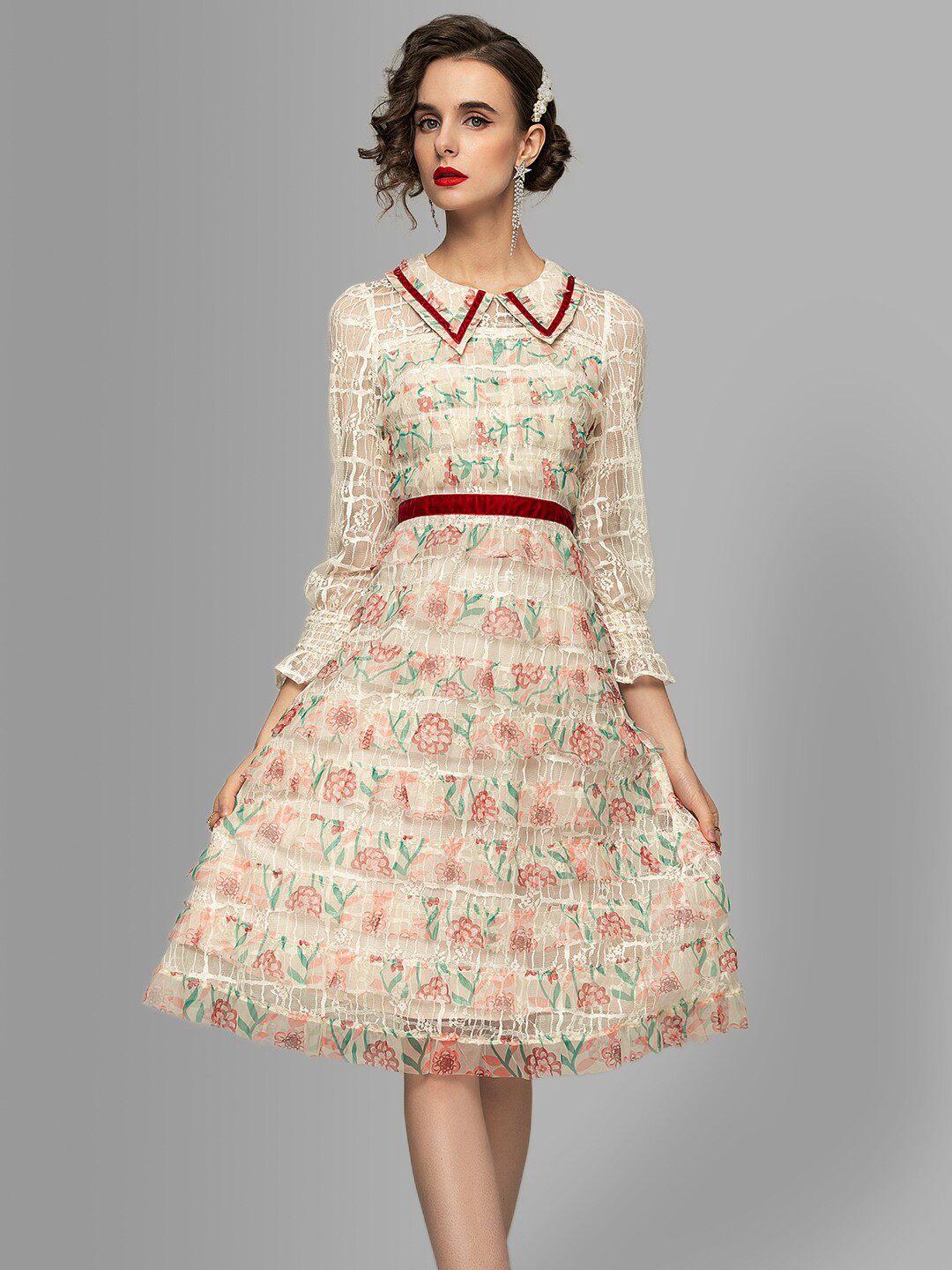 JC Collection Beige & Green Floral Peter Pan Collar Dress