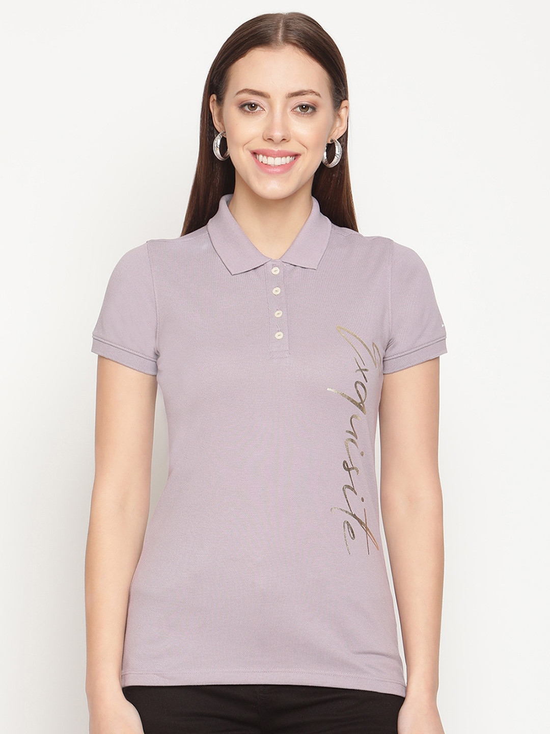 METTLE Women Purple Typography Printed Polo Collar T-shirt