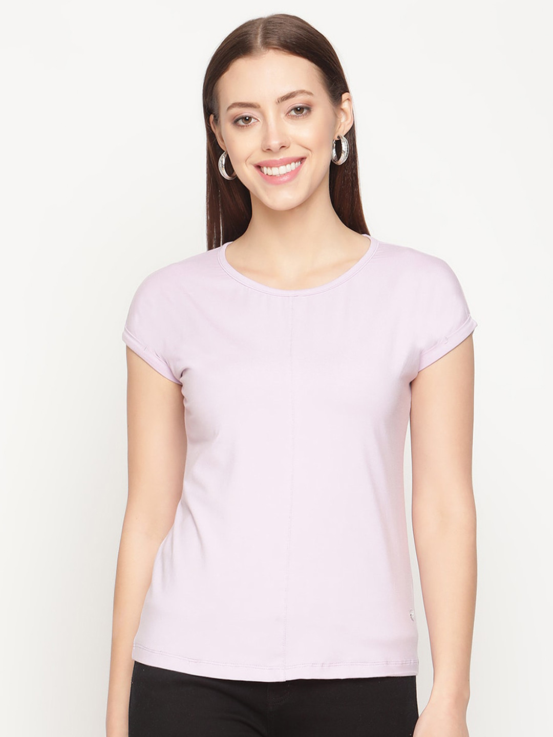METTLE Women Purple Solid Cotton T-shirt