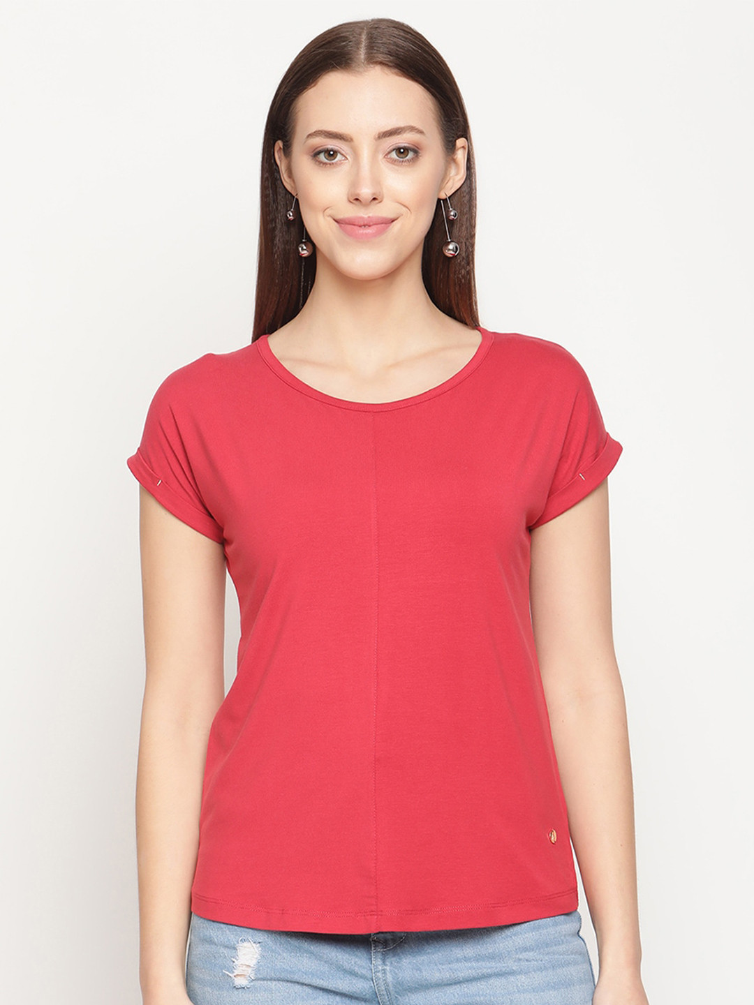 METTLE Women Coral Extended Sleeves Cotton T-shirt