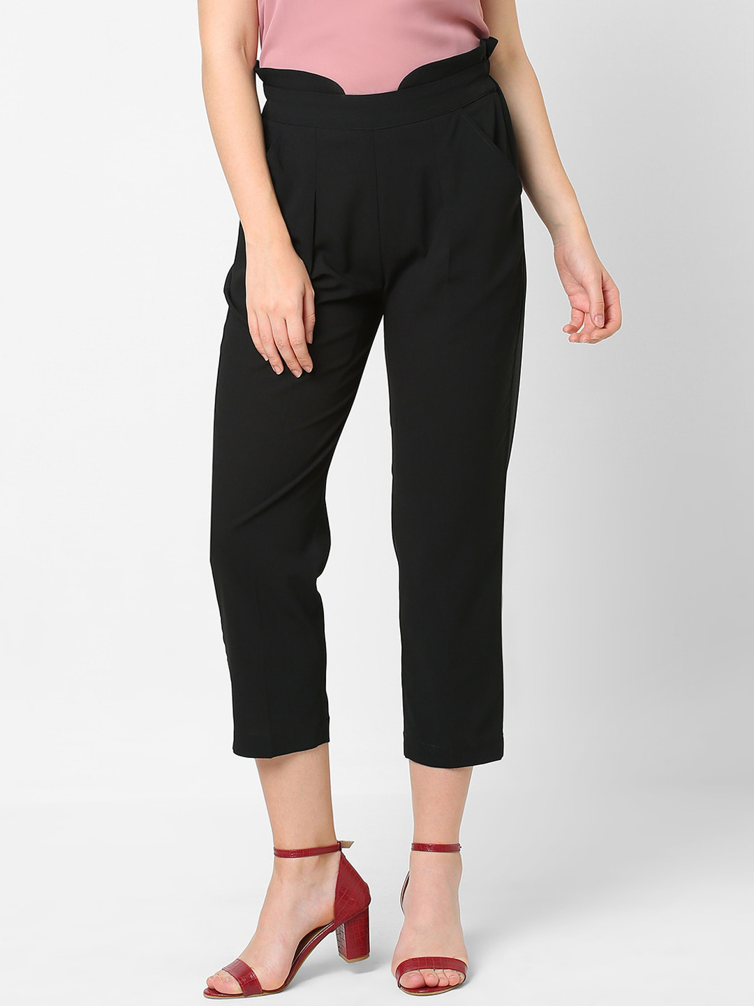 MISH Women Black Pencil Easy Wash Pleated Trousers