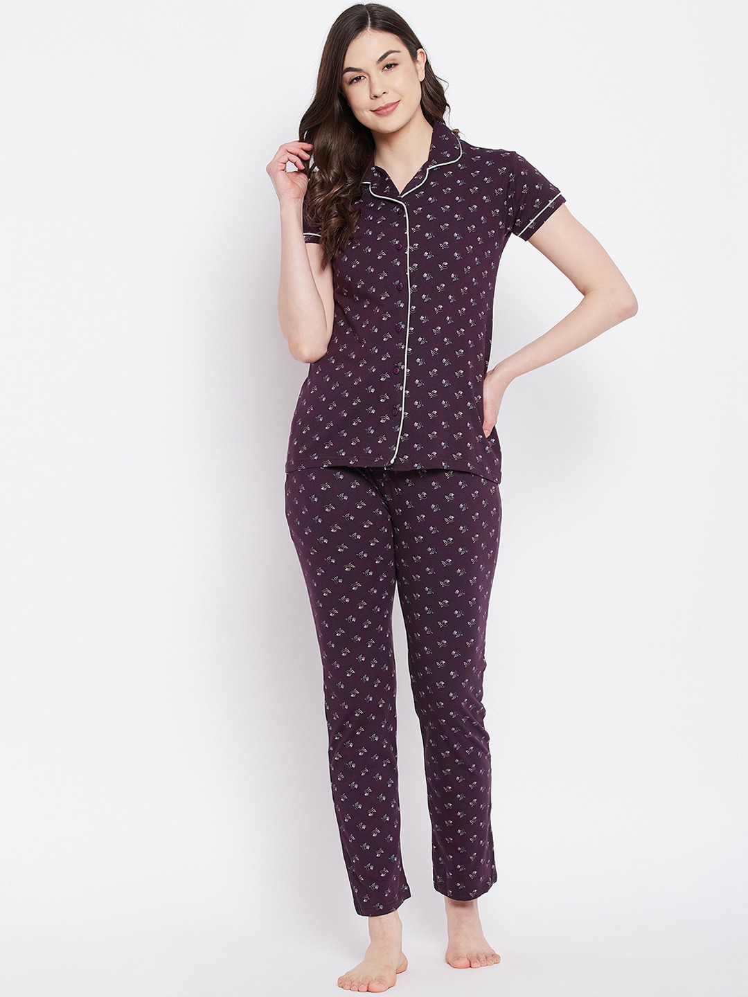 Camey Women Brown Printed Pure Cotton Night Suit