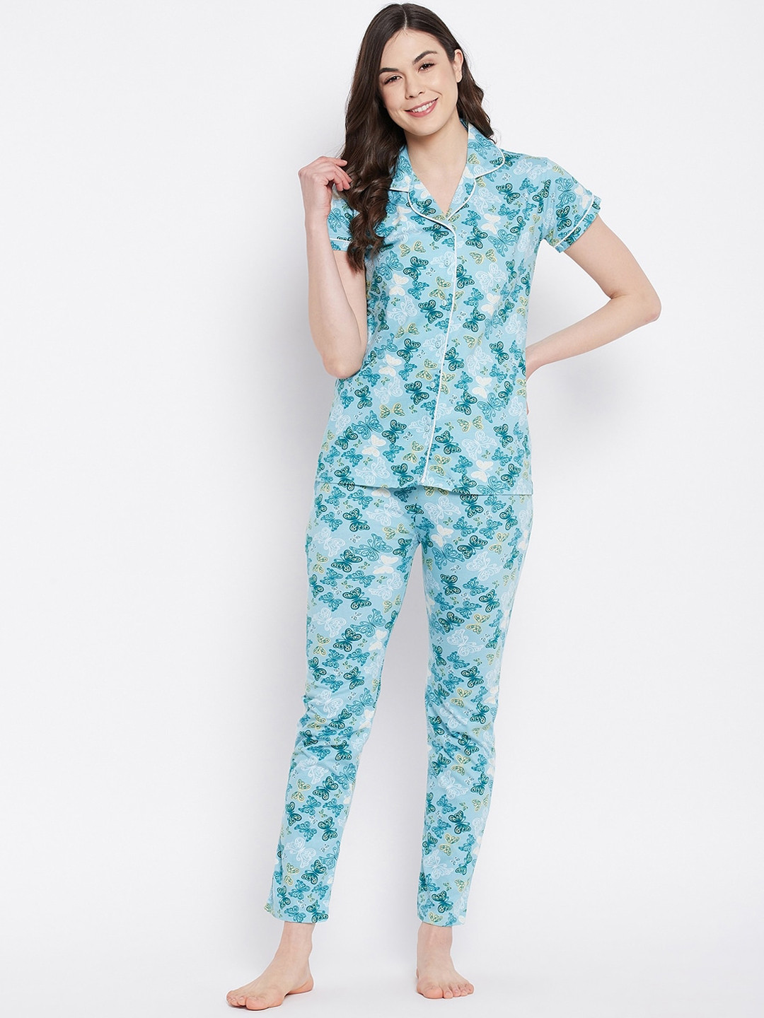 Camey Women Turquoise Blue & White Floral Printed Pure Cotton Nightsuit