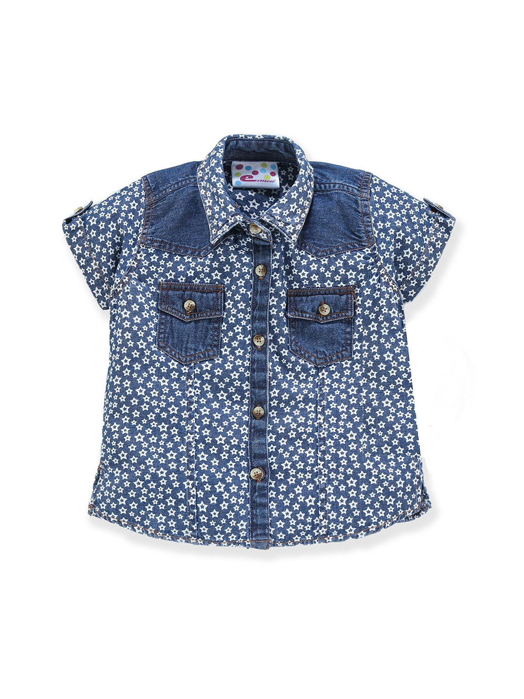 Eimoie Girls Navy Blue & White Classic Printed Pure Cotton Casual Denim Shirt