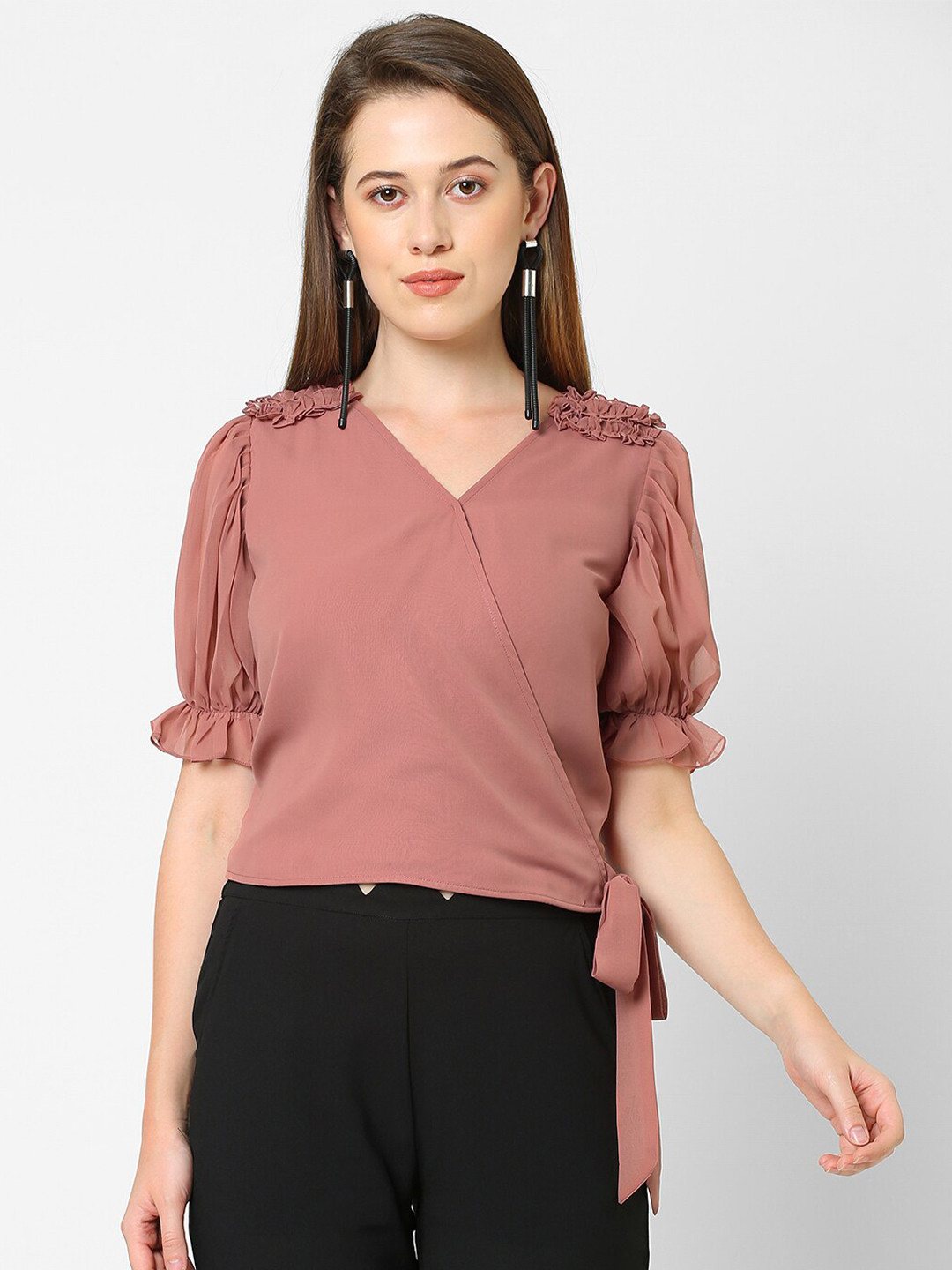 MISH Rose Ruffled Puff Sleeves Georgette Wrap Top