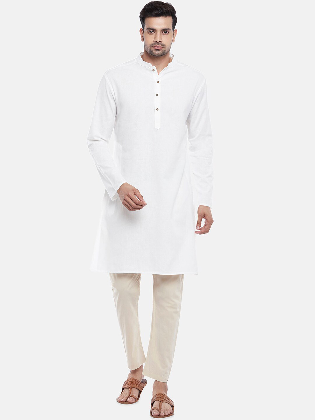 indus route by Pantaloons Men Off-White Solid Pure Cotton A-line Kurta