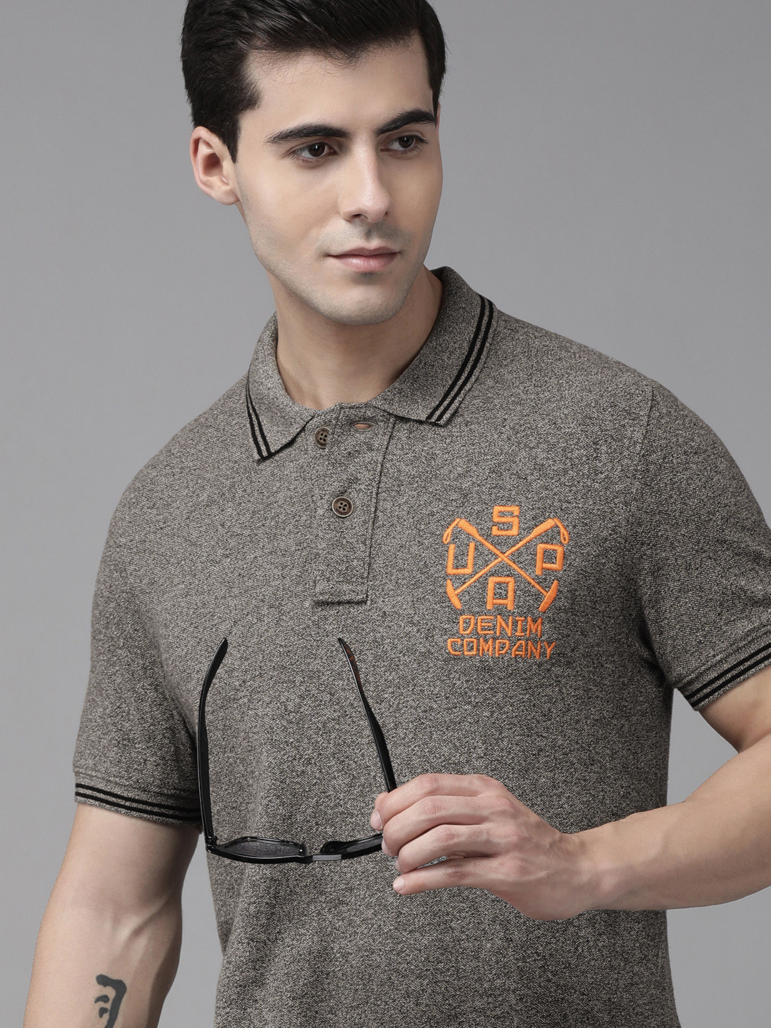 U S Polo Assn Denim Co Men Grey Melange Embroidered Polo Collar T-shirt