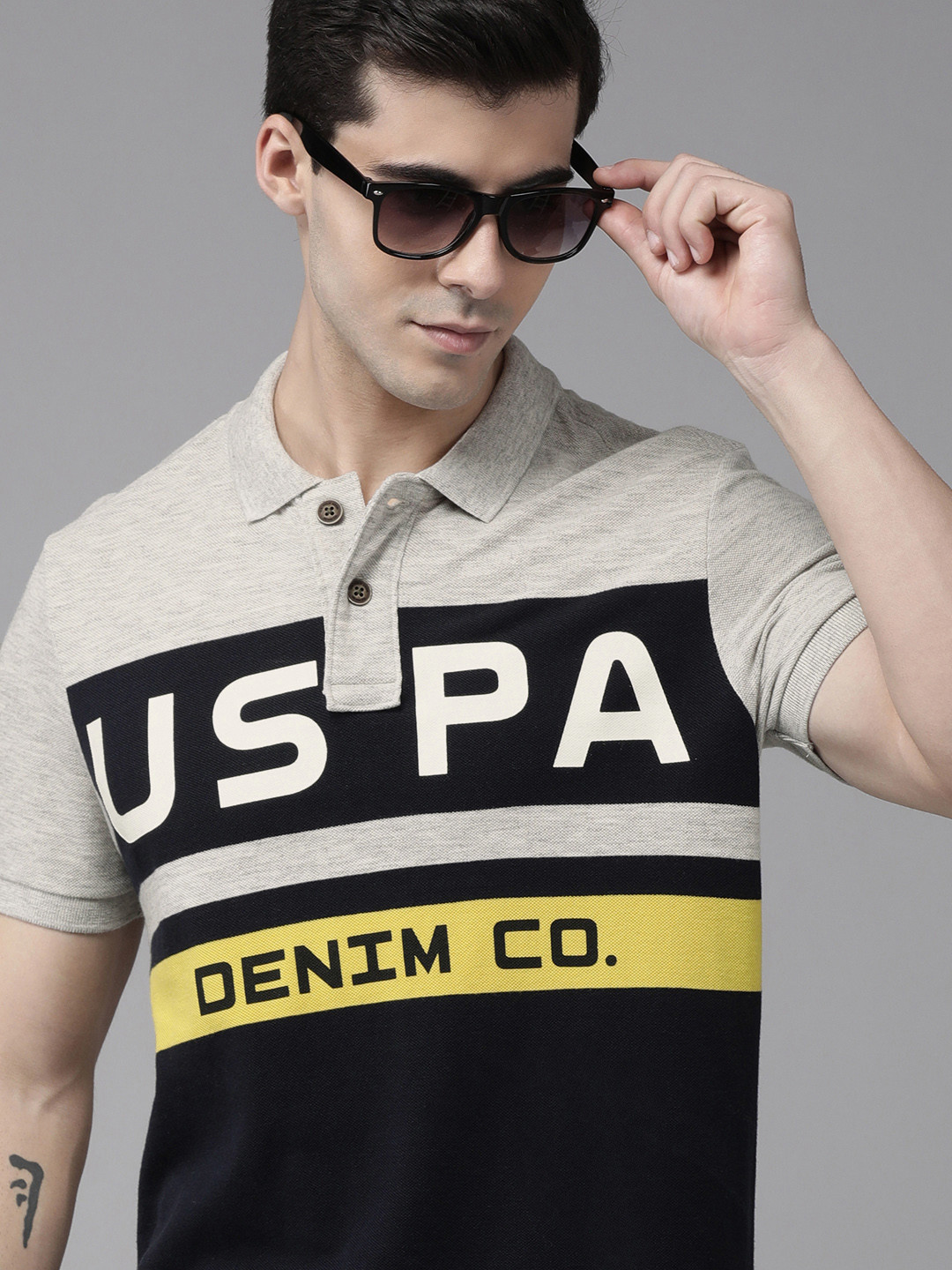 U S Polo Assn Denim Co Men Grey Melange & Navy Blue Colourblocked Polo Collar T-shirt