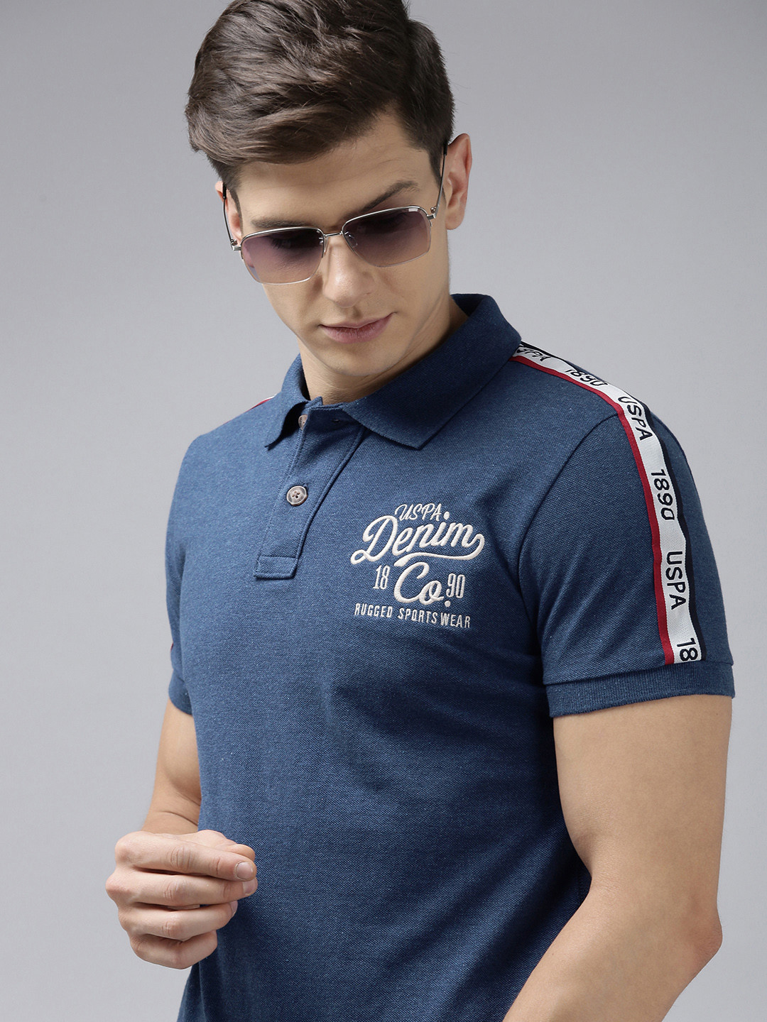 U S Polo Assn Denim Co Men Blue & Beige Printed Polo Collar Pure Cotton T-shirt
