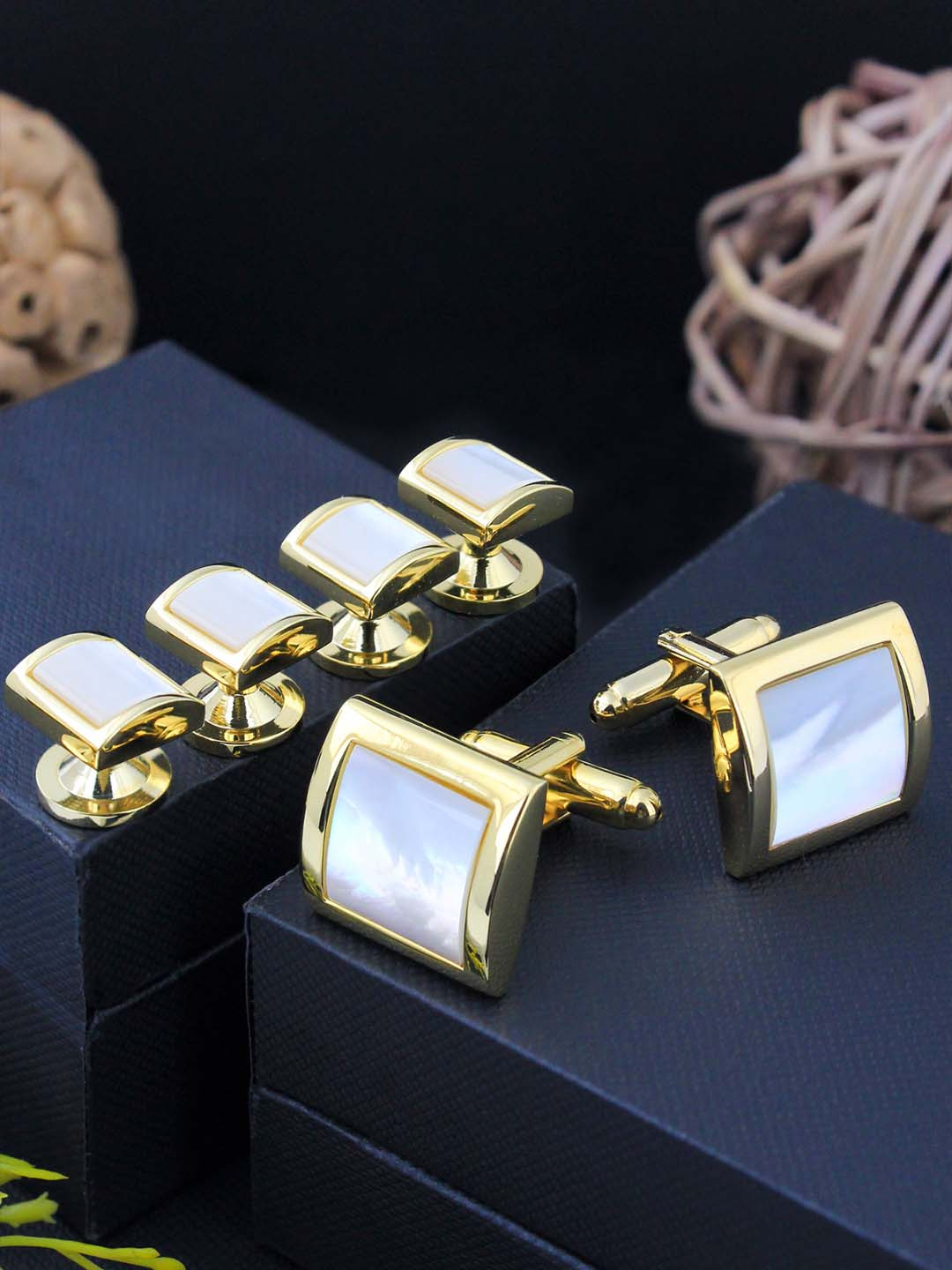 Set Of 6 Gold-Toned Mother of Pearl Studded Cufflink & Stud Gift Set