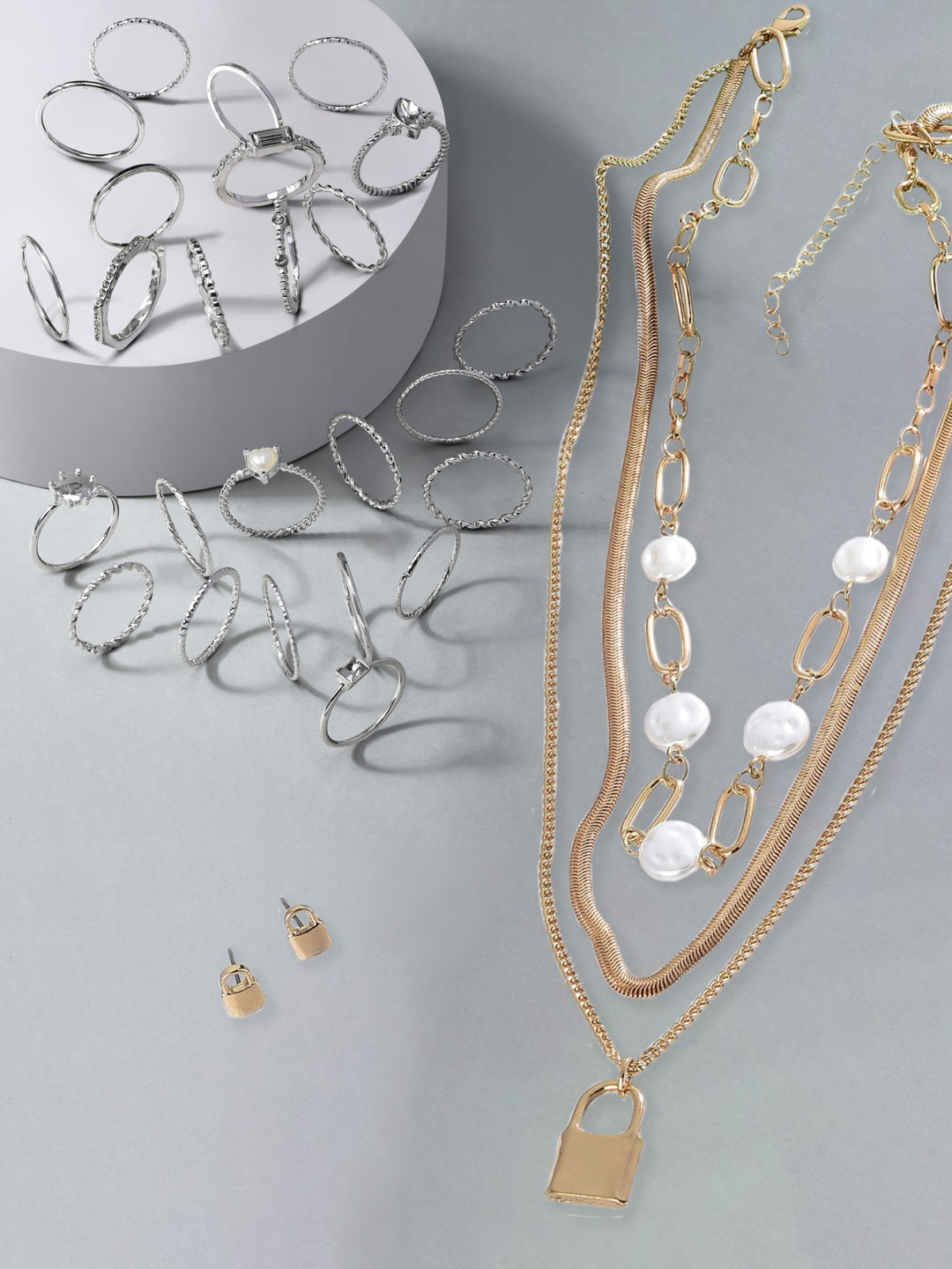 Ami Gold Plated & Silver Tone Contemporary Layered Chain & Rings Set