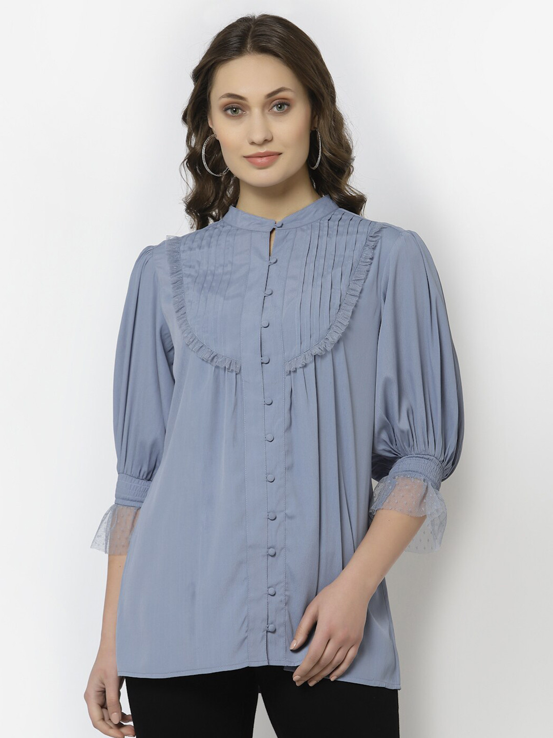 BLANC9 Blue Mandarin Collar Crepe Shirt Style Top