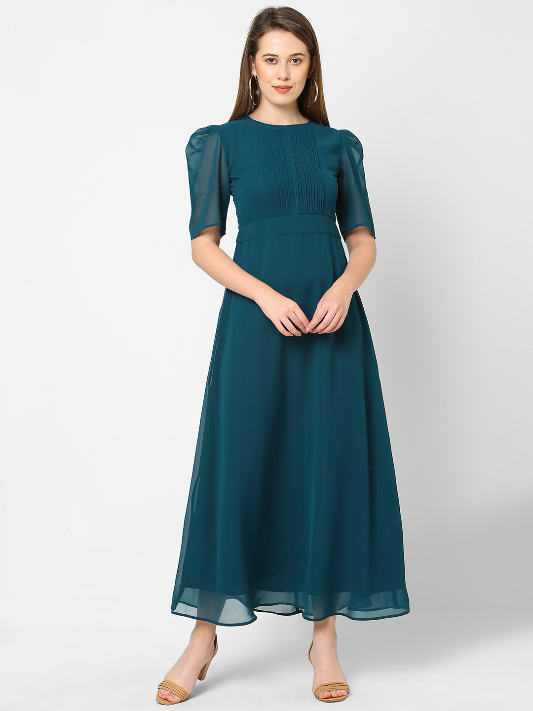 MISH Women Teal Green Pleated Maxi Dress