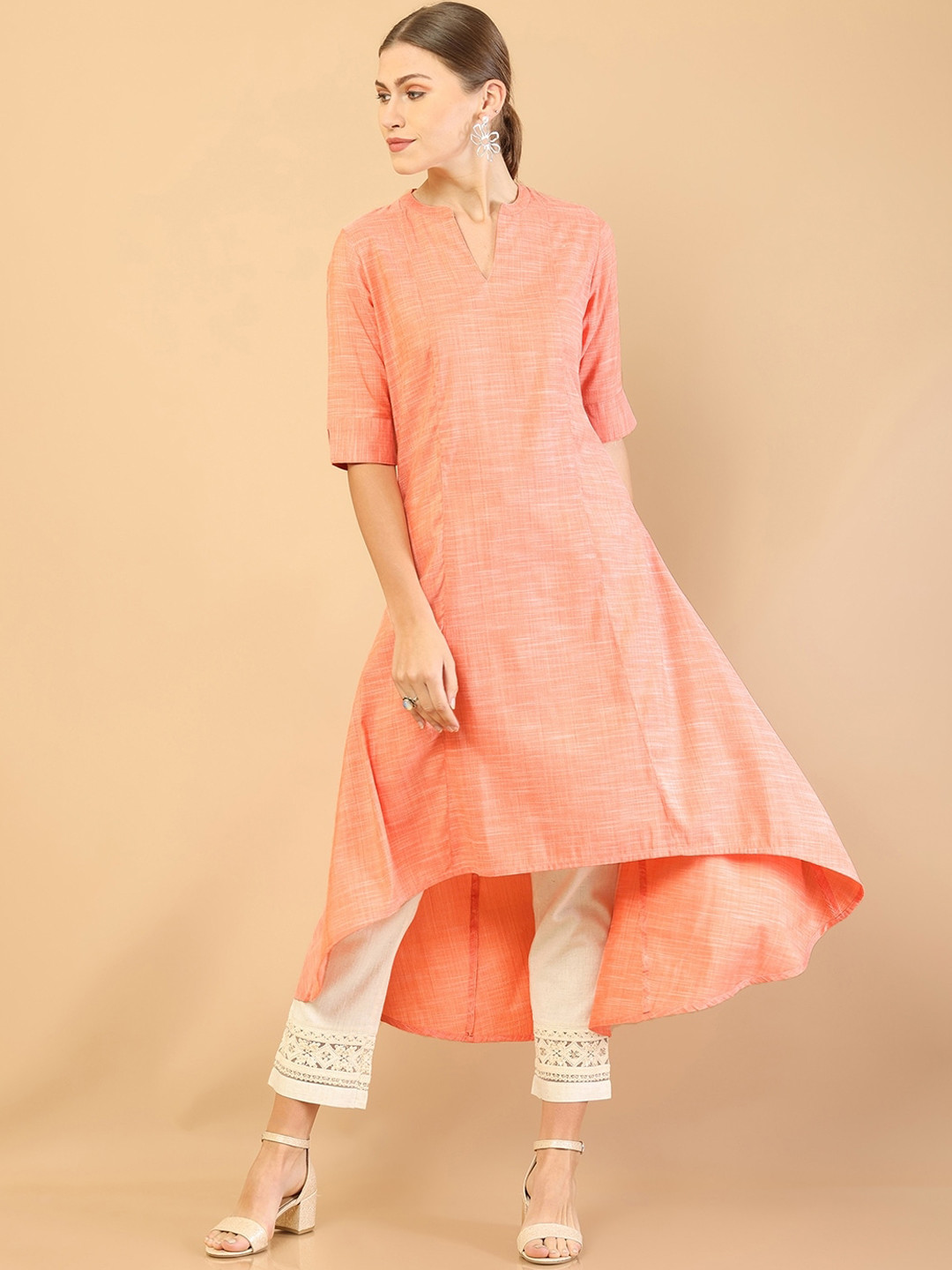 Soch Women Orange Keyhole Neck Gotta Patti Rayon Kurta