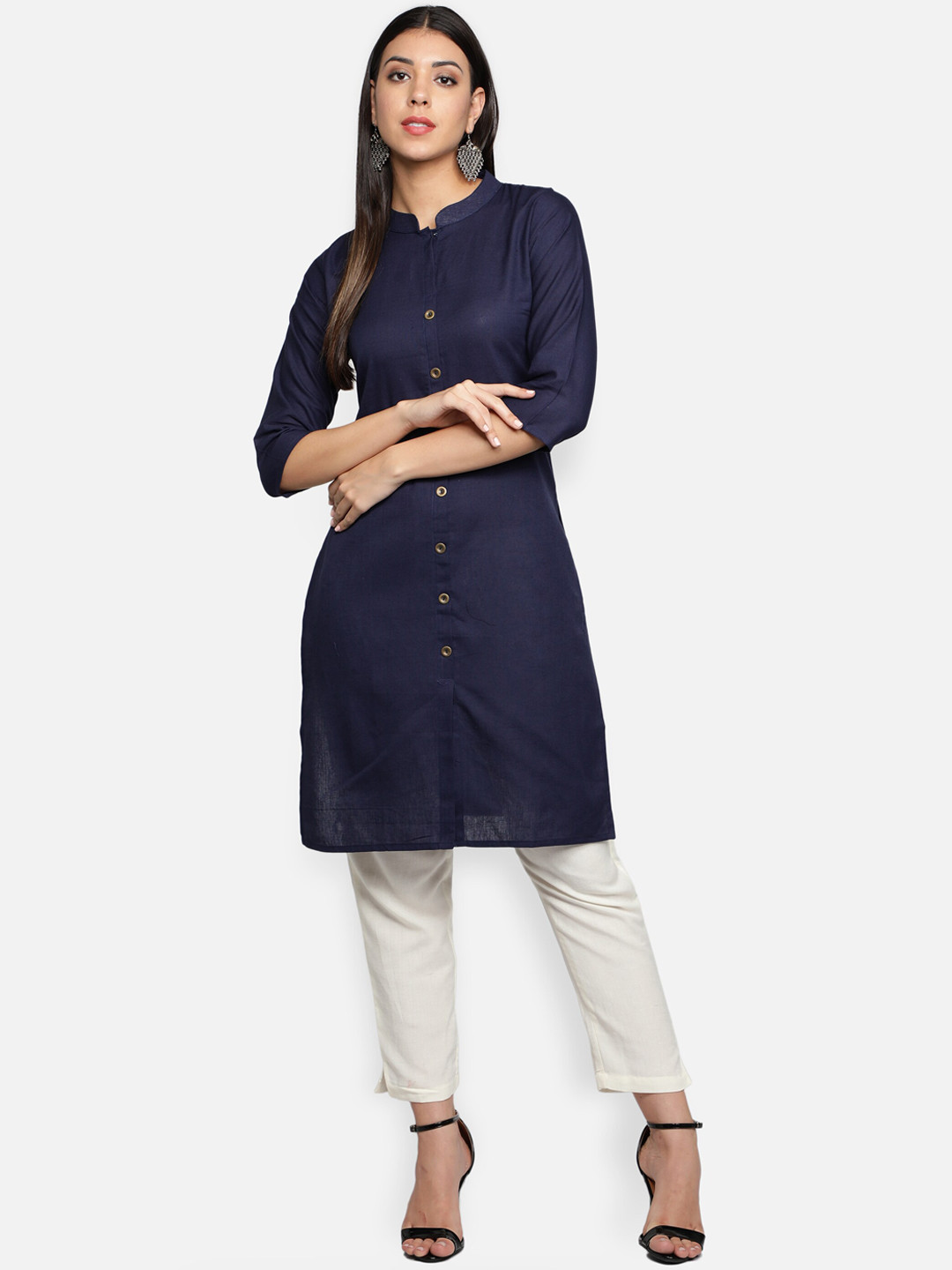 Fabclub Women Navy Blue  Cotton Kurta