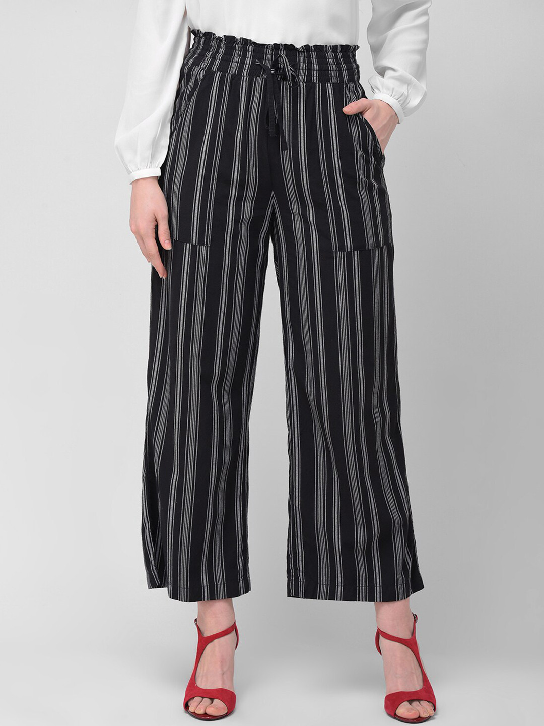 Woodland Women Black Striped Trousers