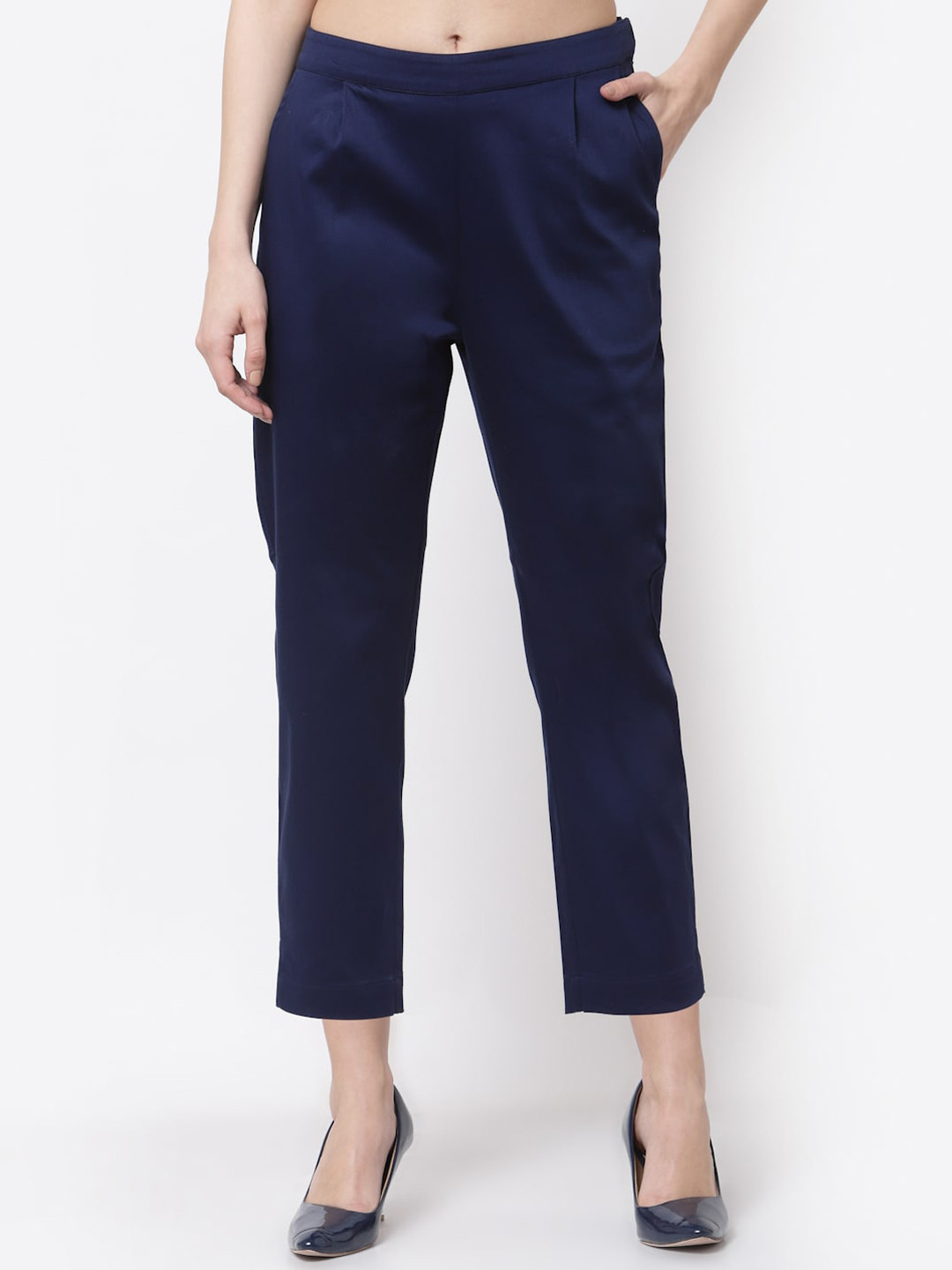 BLANC9 Women Blue Relaxed Straight Leg Straight Fit Pleated Cropped Trousers