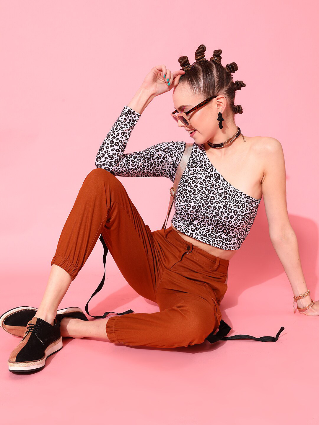 STREET 9 Brown Animal Print One Shoulder Top