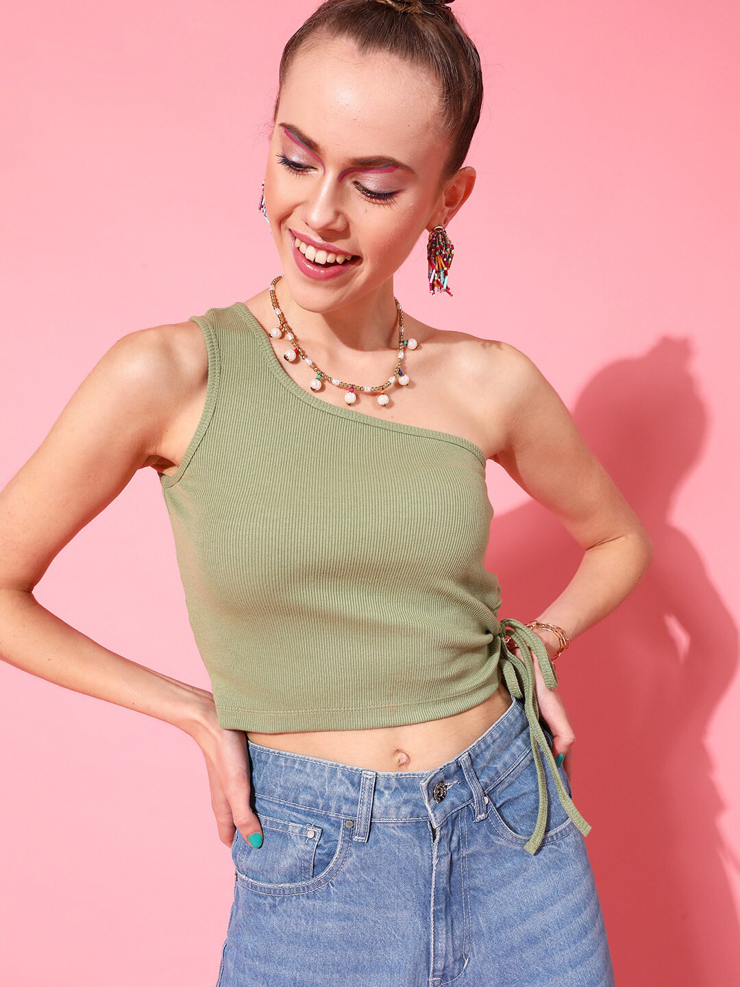 STREET 9 Women Green One Shoulder Cotton Blend Crop Tank Top