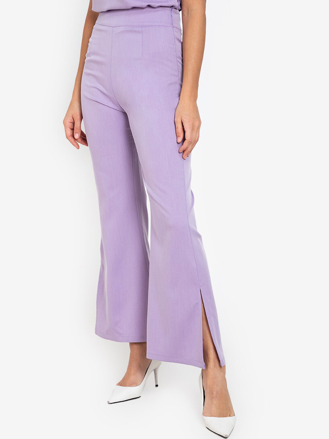 ZALORA WORK Women Purple Solid High-Rise Side Slits Parallel Trousers