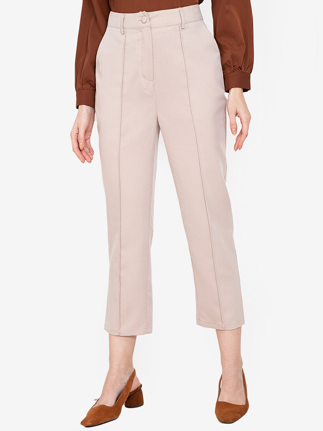 ZALORA WORK Women Beige Solid High-Rise Pintucked Tailored Cropped Pants