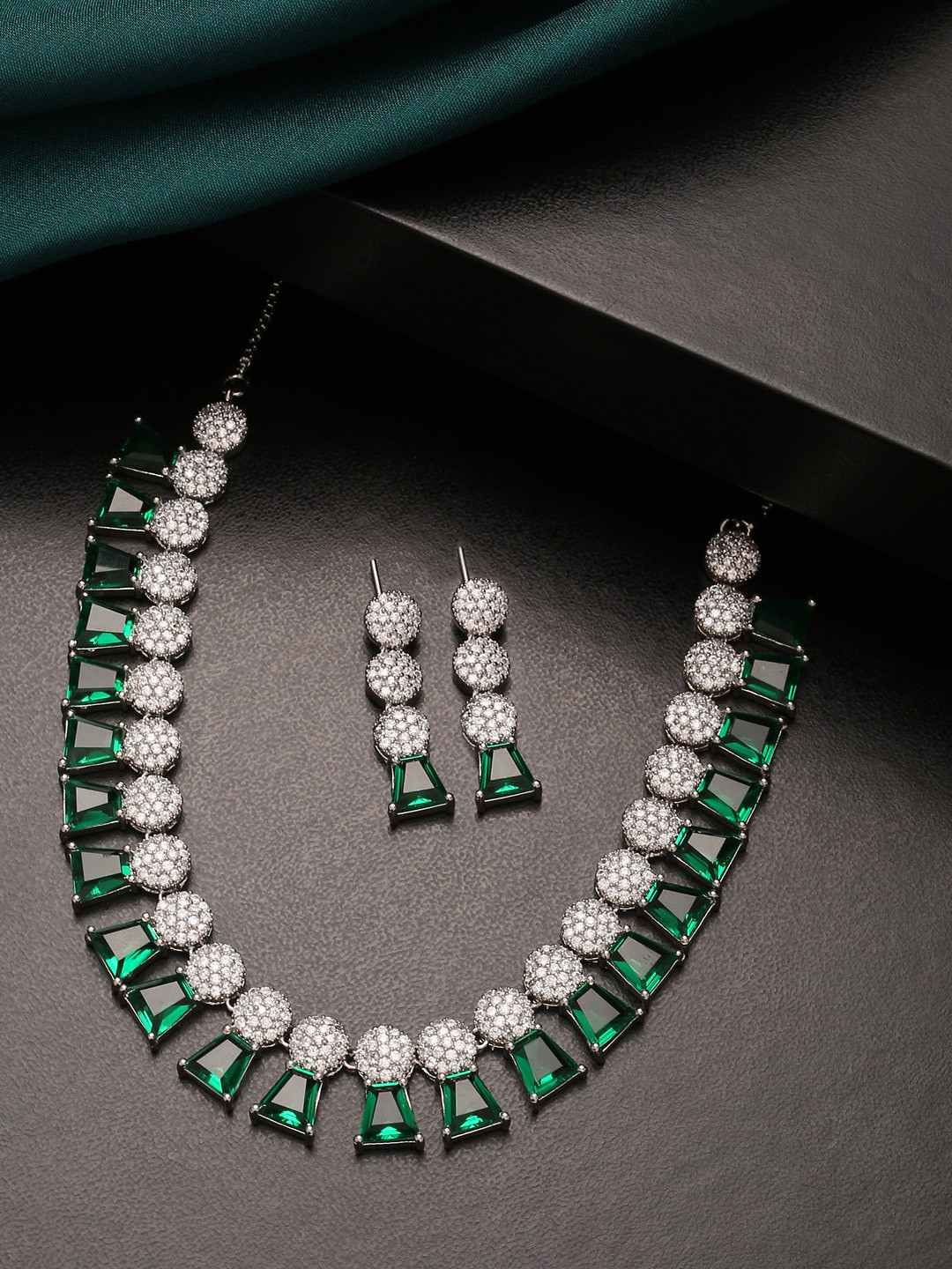 VIRAASI Silver-Plated Green & White AD Stone-Studded Jewellery Set