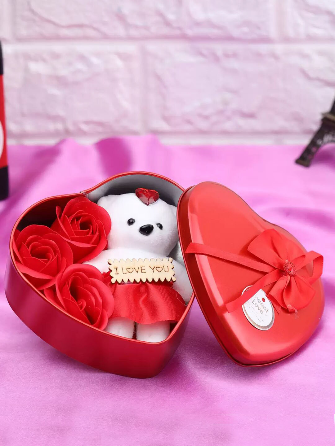 TIED RIBBONS Red & White Decorative Heart Shape Box With Teddy & Rose Gift Set