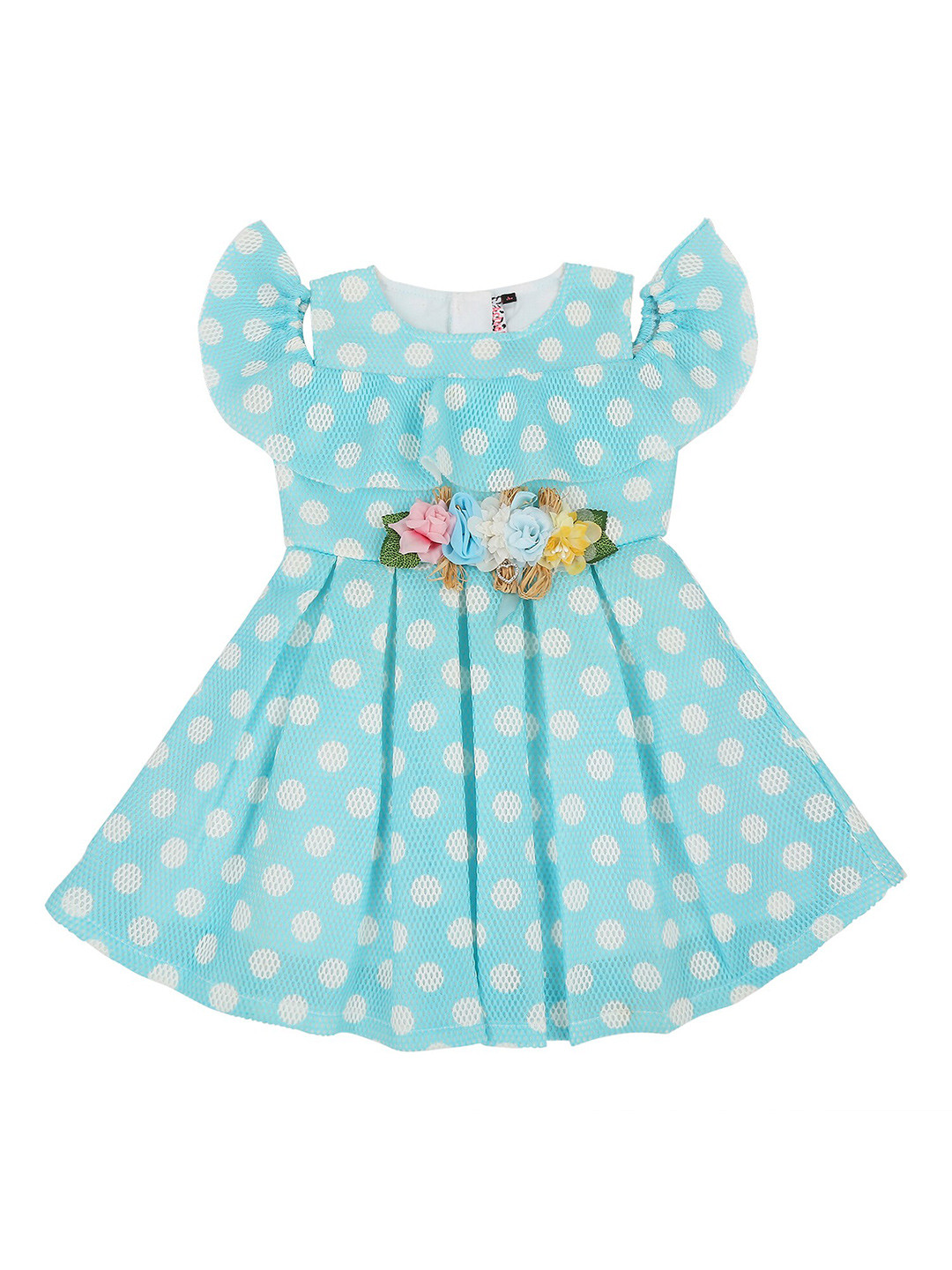 Actuel Blue & White Polka Dot Floral Embellished Pure Cotton Scuba Dress