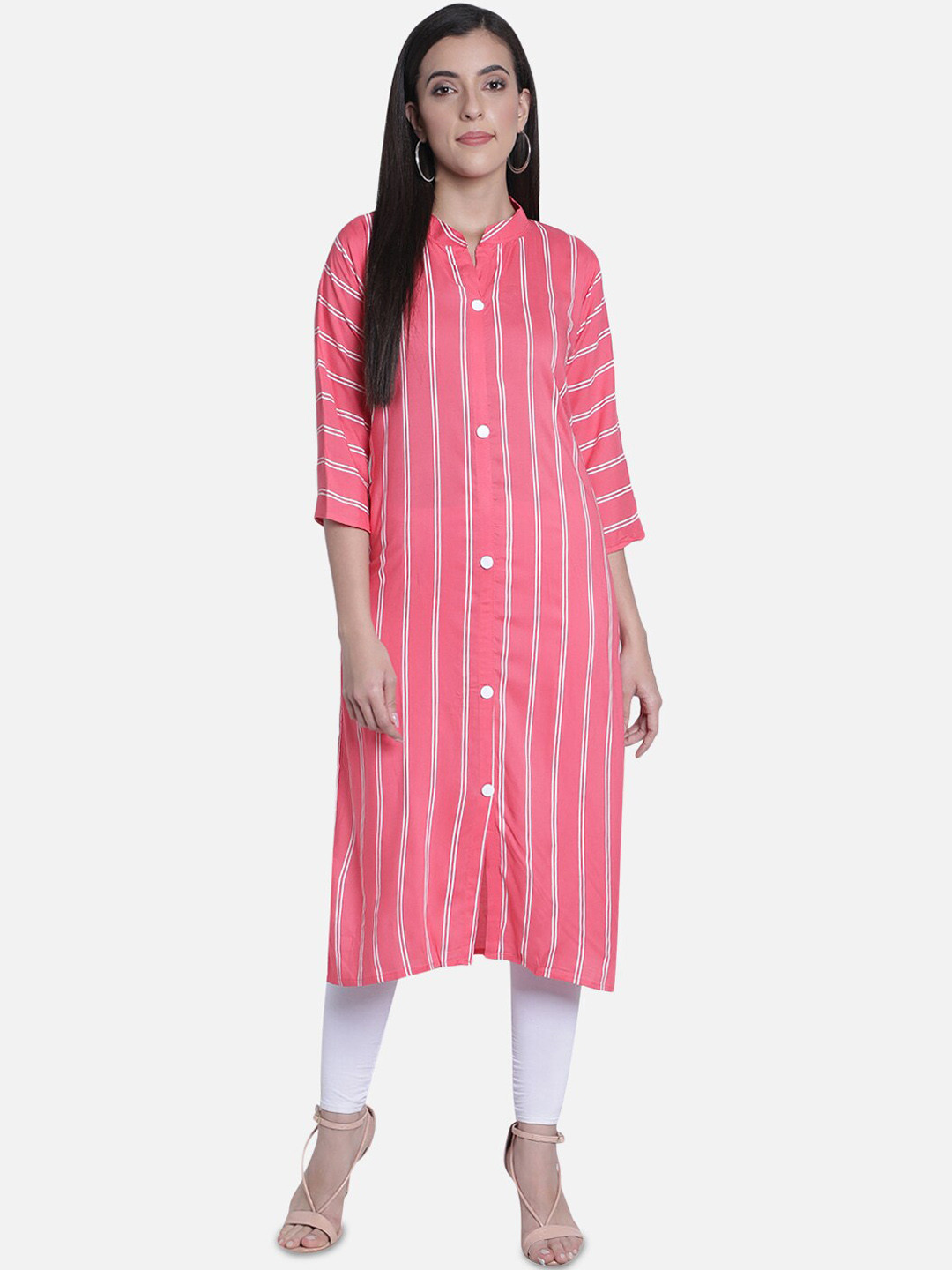 Fabclub Women Pink & White Striped Straight Kurta
