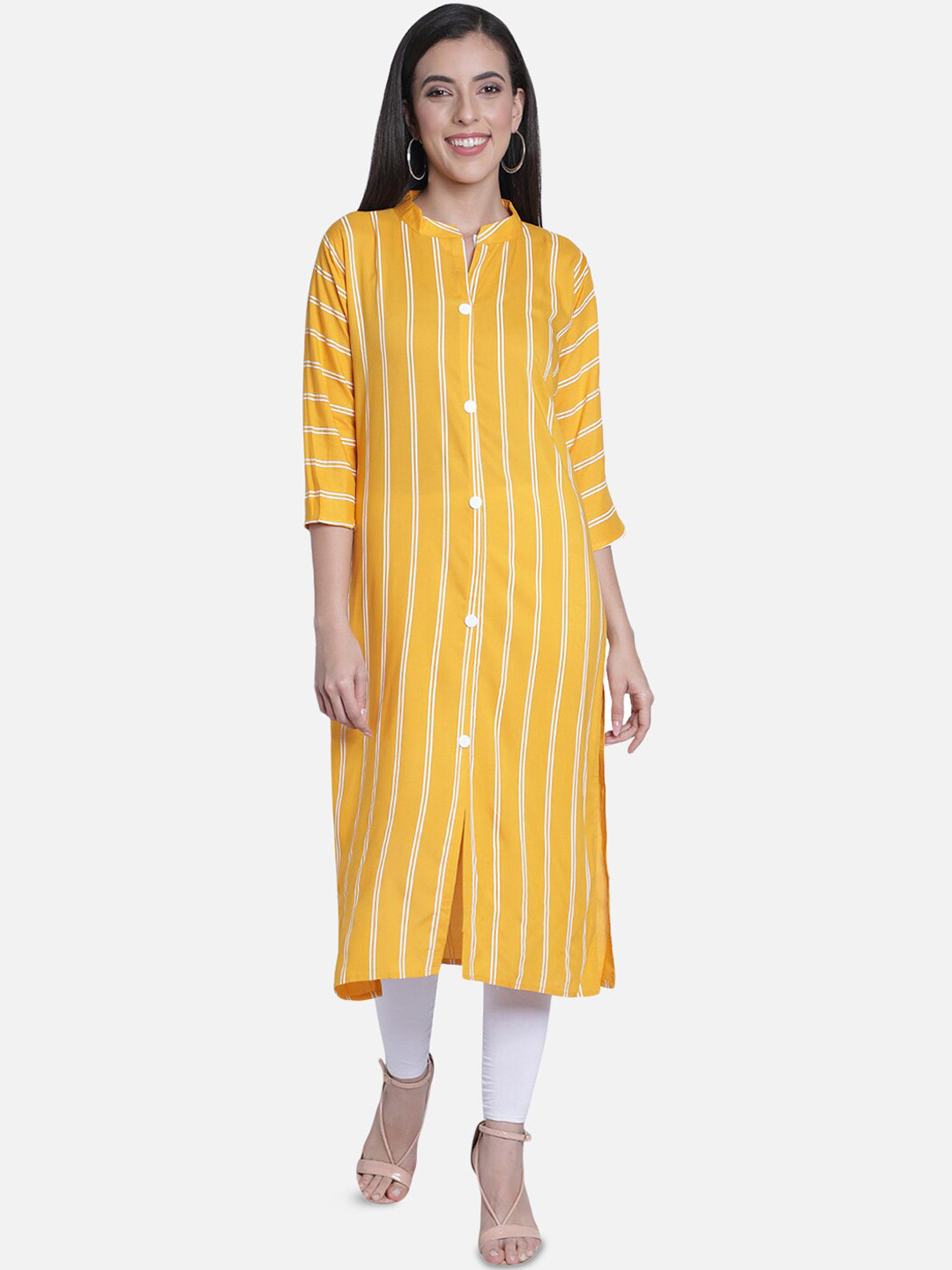Fabclub Women Mustard Yellow Striped Rayon Straight Kurta