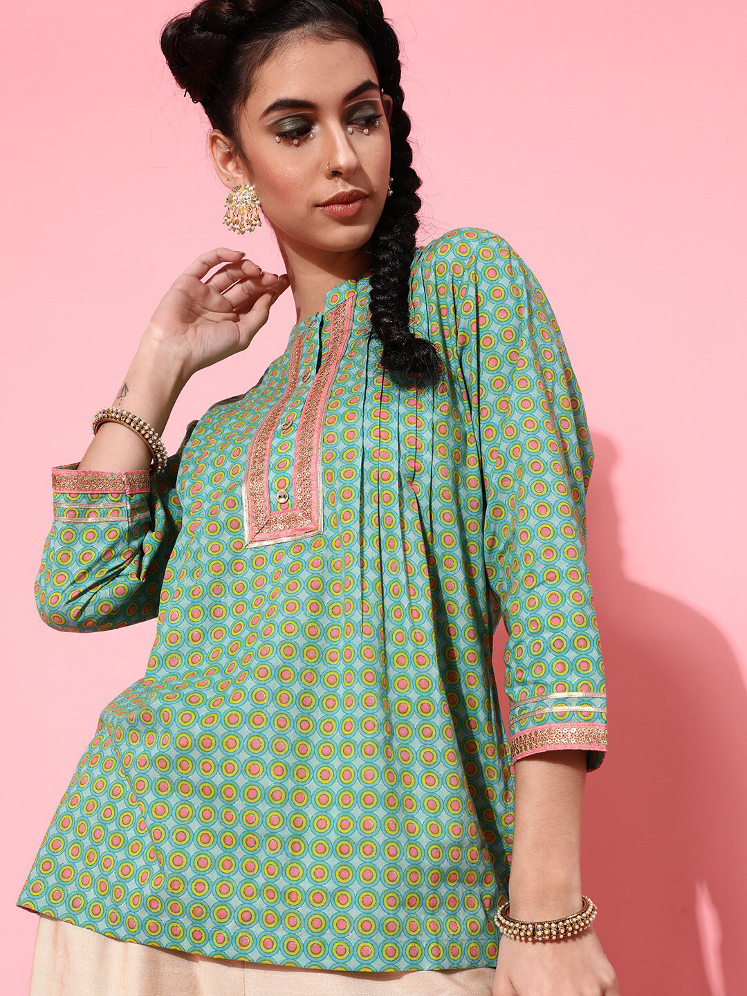 STREET 9 Teal Green & Pink Checked Gotta Patti Pure Cotton Gotta Patti Kurti