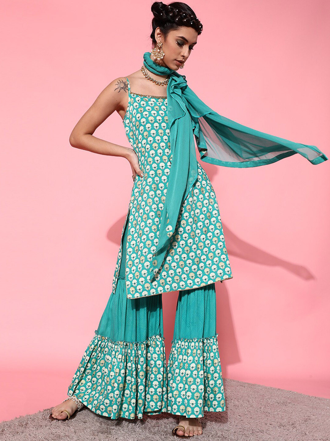 STREET 9 Women Turquoise Blue Floral Printed Kurta Sharara With Dupatta
