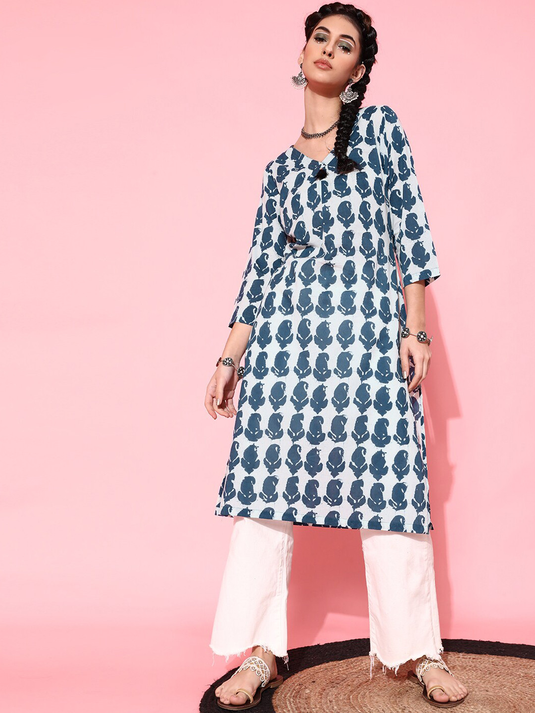 STREET 9 Women Blue & White Paisley Block Printed Cotton Kurta