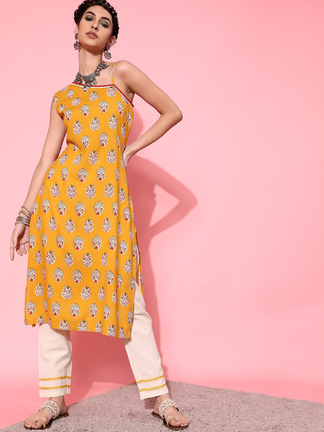 STREET 9 Women Mustard Yellow & Off-White Ethnic Motifs Printed Kurta with Trousers